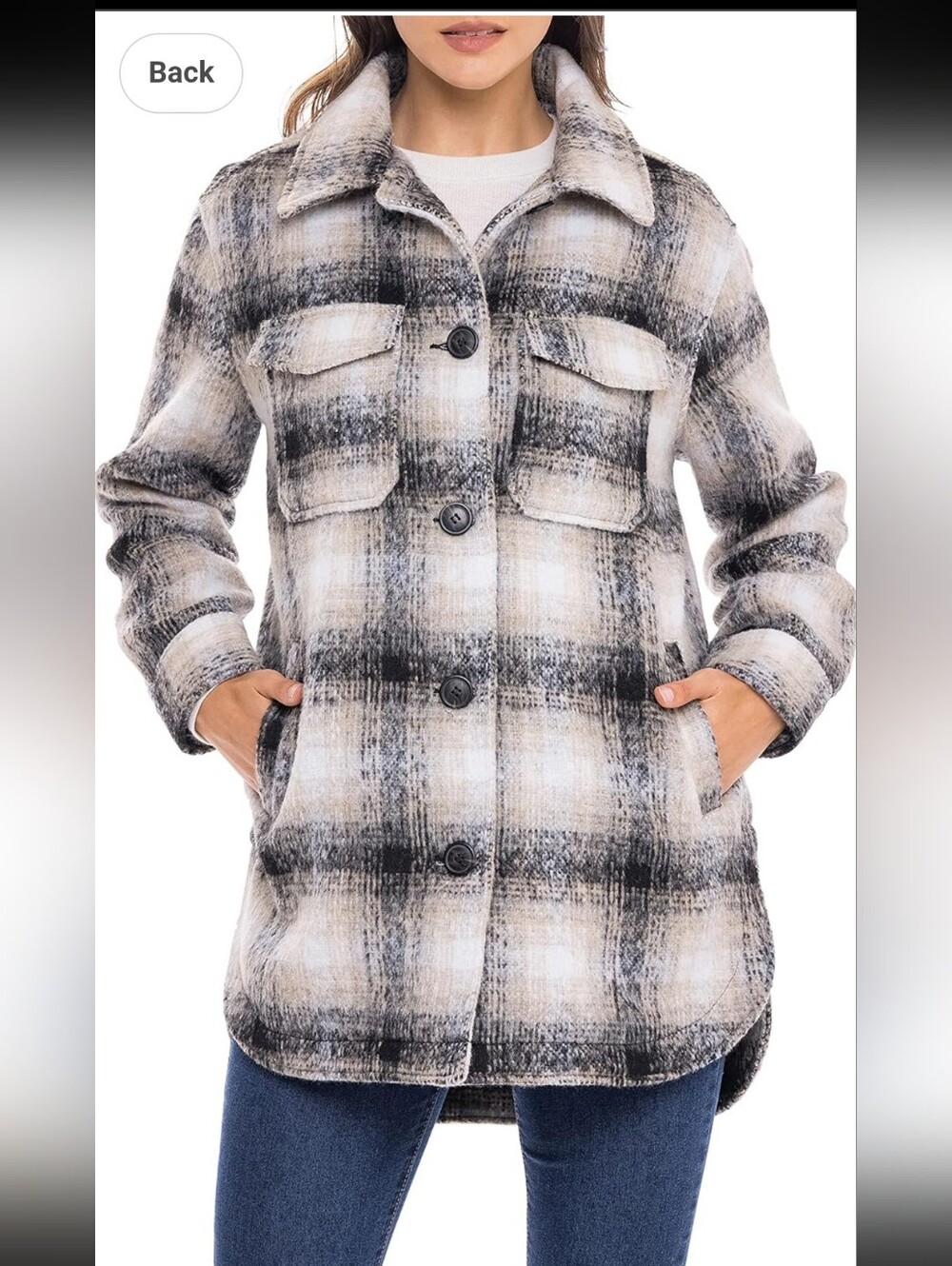 Sebby Black & Cream Plaid Button-Up Shacket
